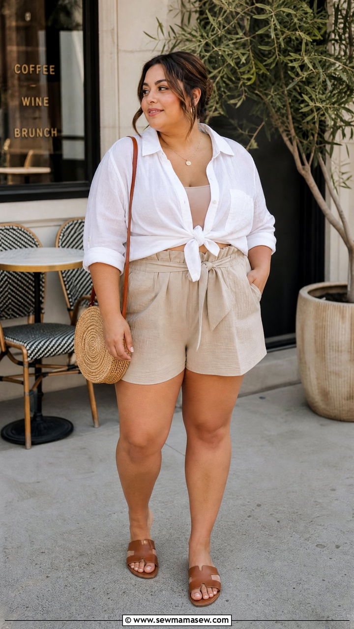Linen button down shirt and paperbag waist shorts - 30 Summer outfits for midsize women