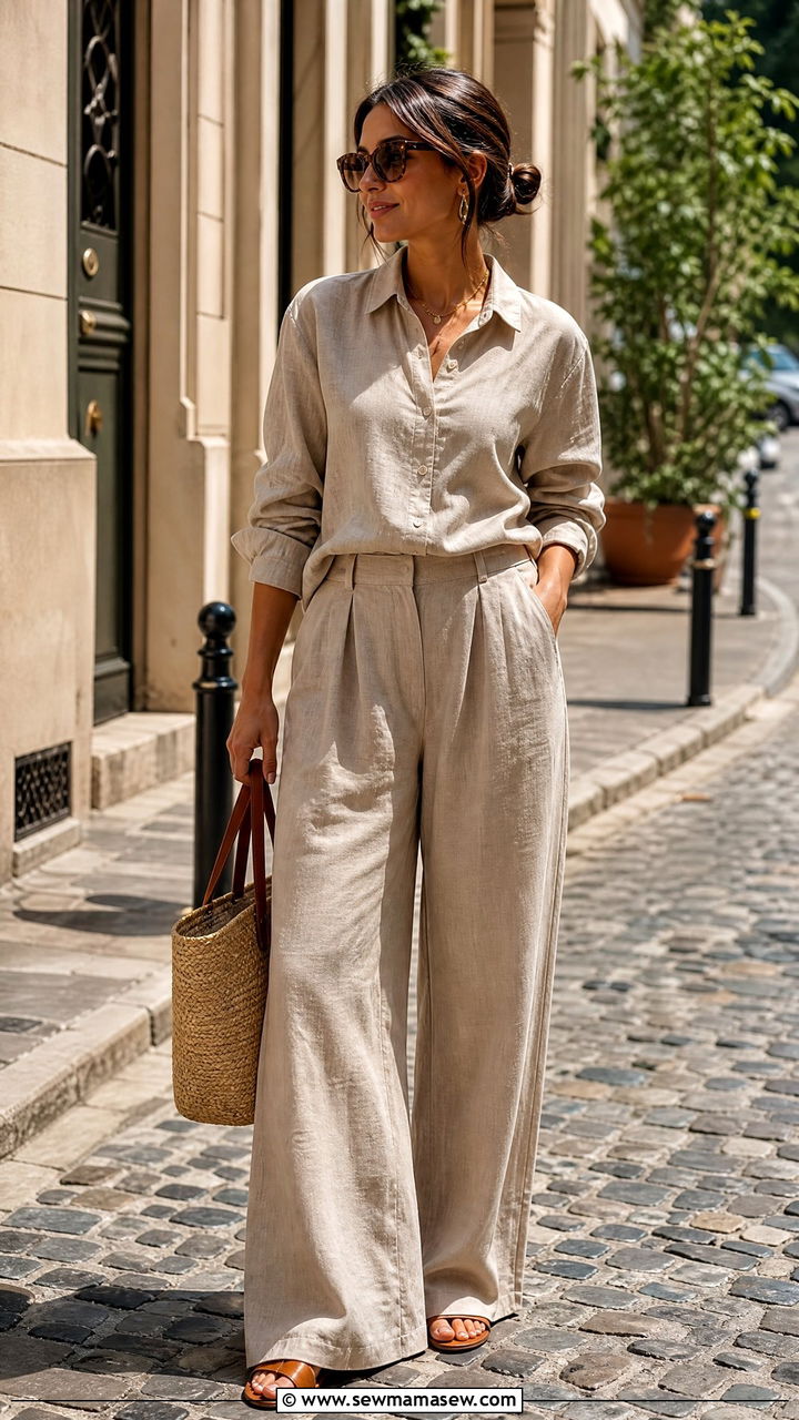 Linen button down shirt and wide leg trousers - 30 Coord set outfit ideas for vacation