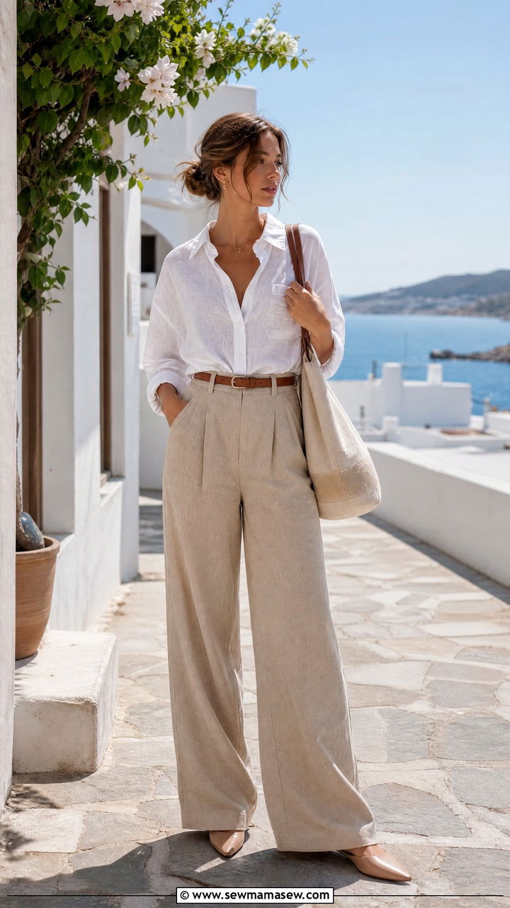 Linen button down shirt with tailored trousers outfit - 25 Quiet luxury outfit ideas spring 2026