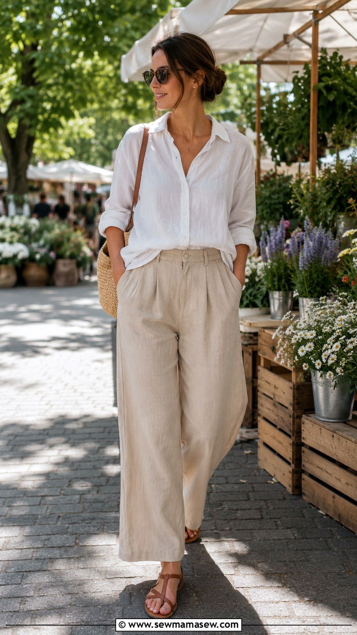 Linen button down shirt with wide leg trousers and leather sandals - 30 spring scandinavian outfits