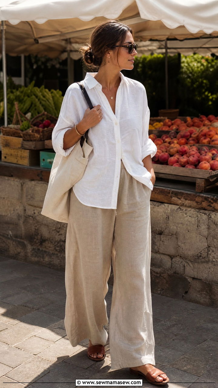Linen button down shirt with wide leg trousers outfit - 25 Outfit ideas for women over 40 casual 2026
