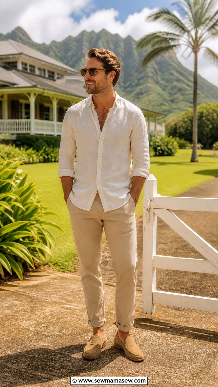 Linen button down with chinos for men - 40 What to wear in Kauai