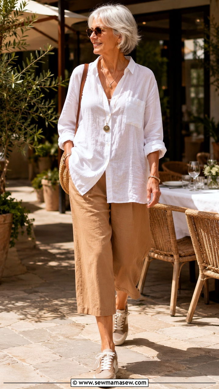 Linen button down with cropped wide leg pants - 30 Outfit ideas for women over 70 casual 2026
