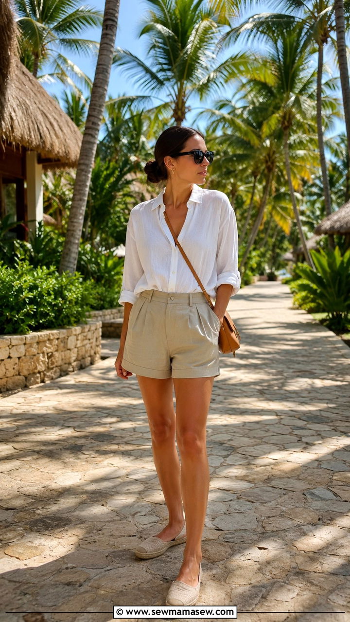 Linen button down with tailored shorts and espadrilles for resort - 25 travel outfits inspo