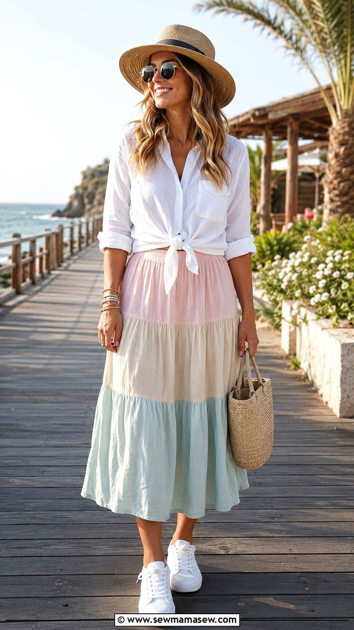 Linen button down with tiered midi skirt and sneakers - 30 Midi skirt outfit ideas with sneakers