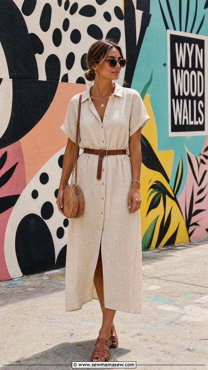 Linen button up dress with sandals Miami - 40 What to wear in Miami