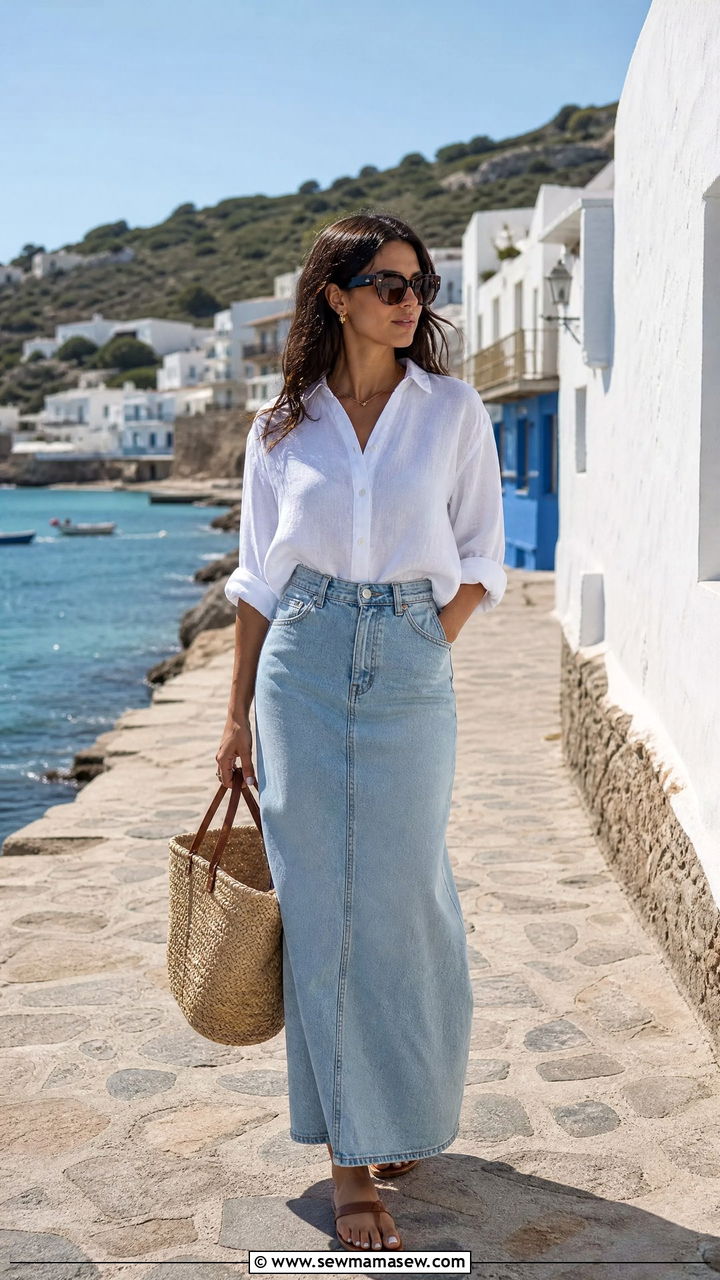 Linen button up shirt with denim maxi skirt outfit - 25 classy denim skirt outfits