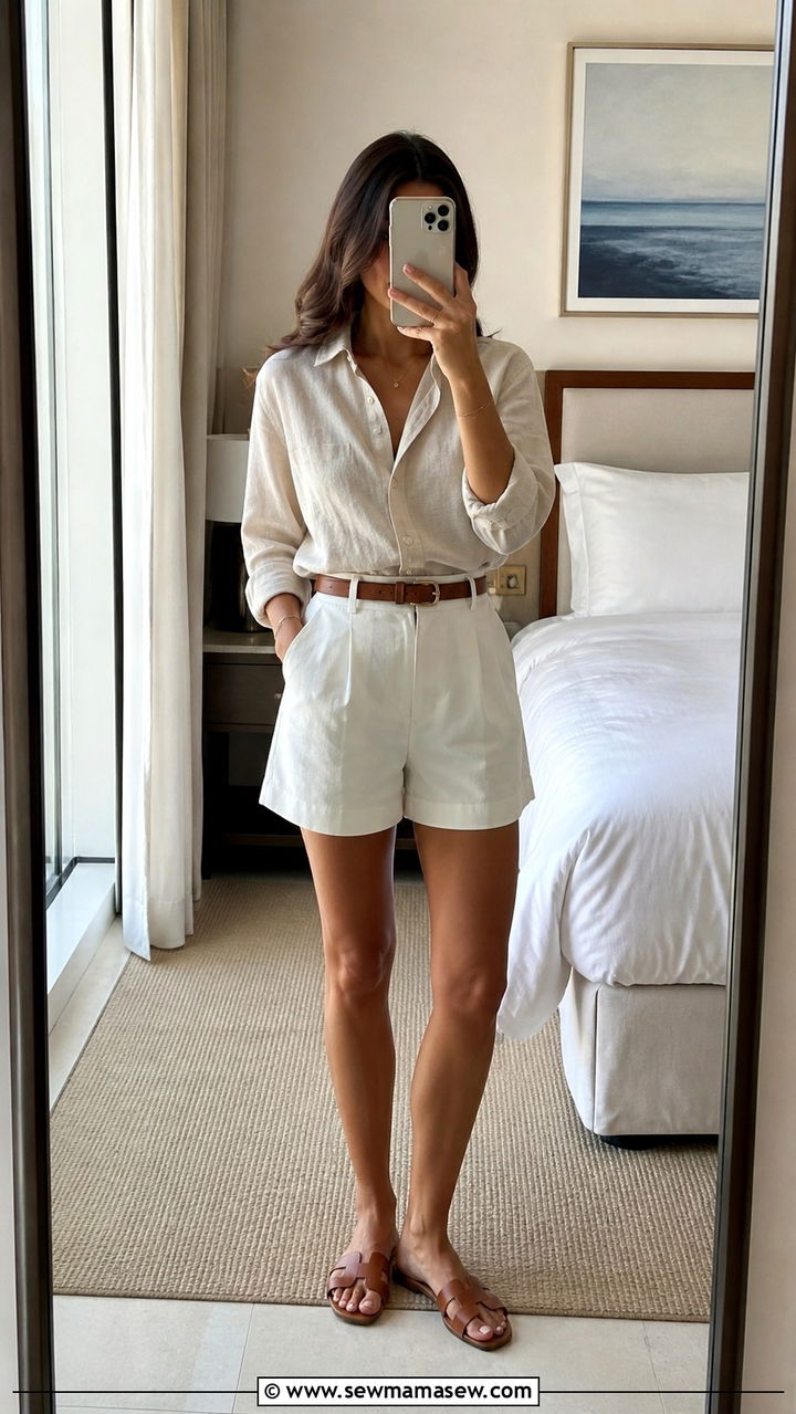 Linen buttondown shirt tucked into tailored shorts with leather sandals - 40 What to wear in Charleston