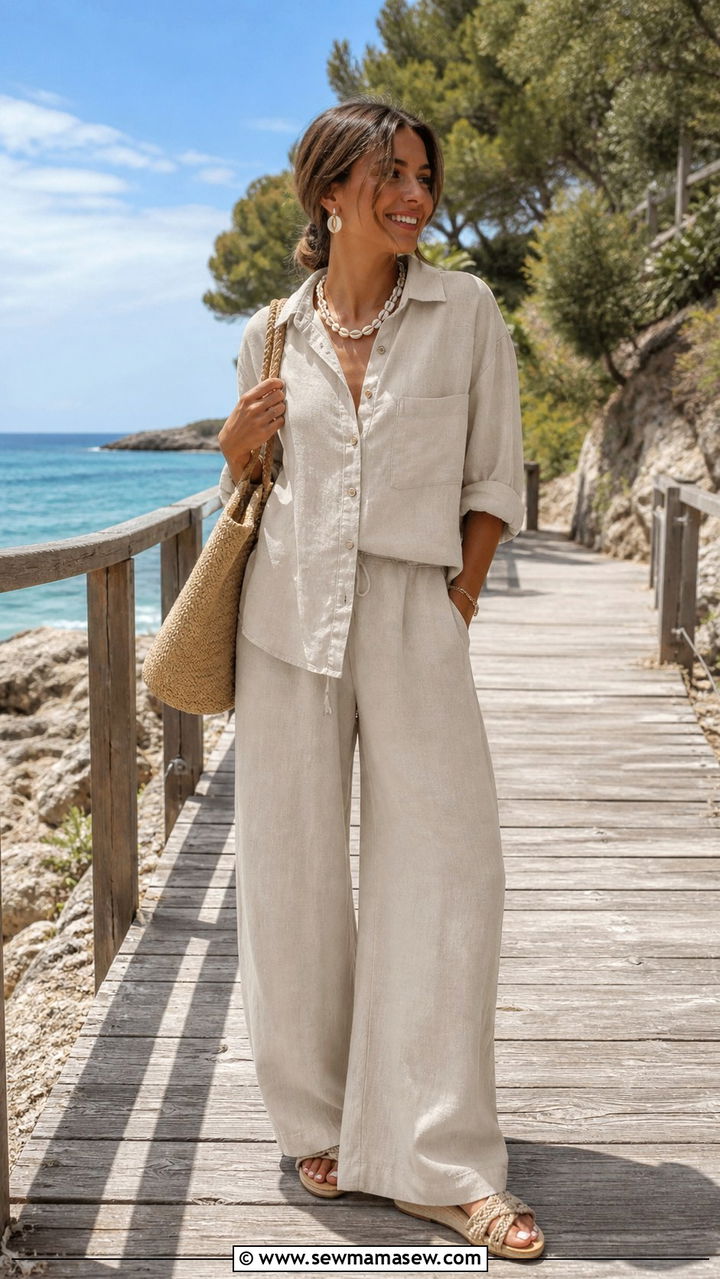 Linen co ord set in oatmeal or sage - 40 Chic work outfit ideas