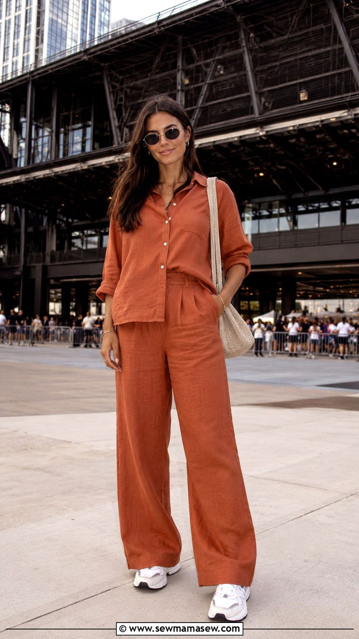 Linen co ord set with chunky sneakers - 30 modest summer concert outfit ideas