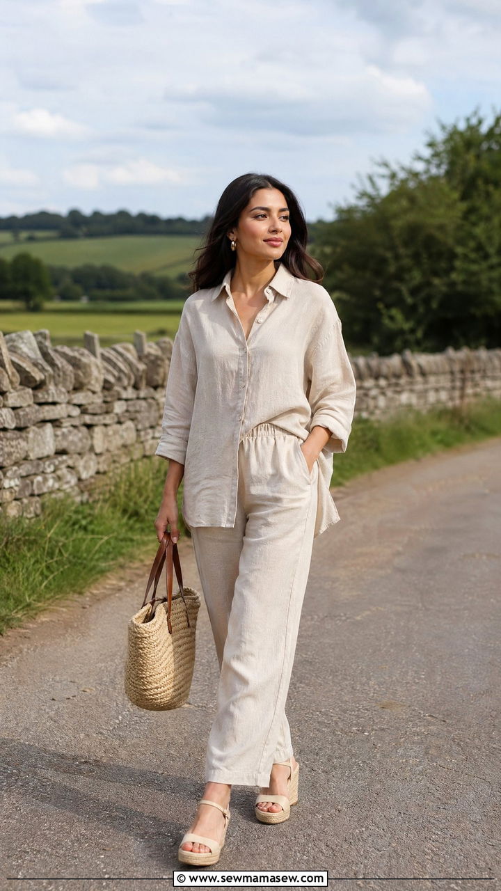 Linen co ord set with espadrille wedges - 35 Eid outfit ideas modest