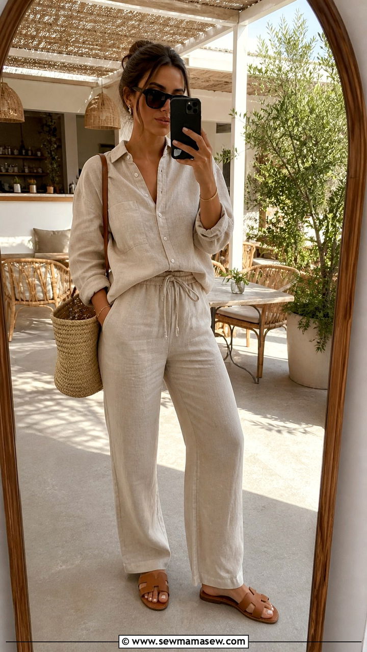 Linen co ord set with flat sandals - 40 spring casual outfit ideas
