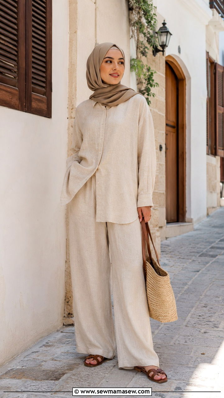 Linen co ord set with hijab - 25 outfit ideas for hijab women