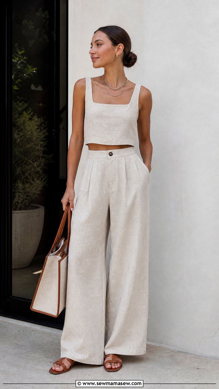 Linen crop top and wideleg pant set outfit - 25 Linen matching set outfit ideas