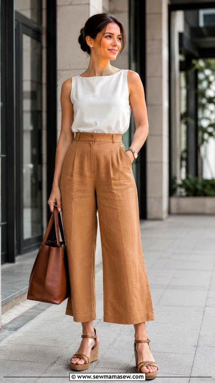 Linen culottes with a boat neck top - 30 Humid weather outfit ideas