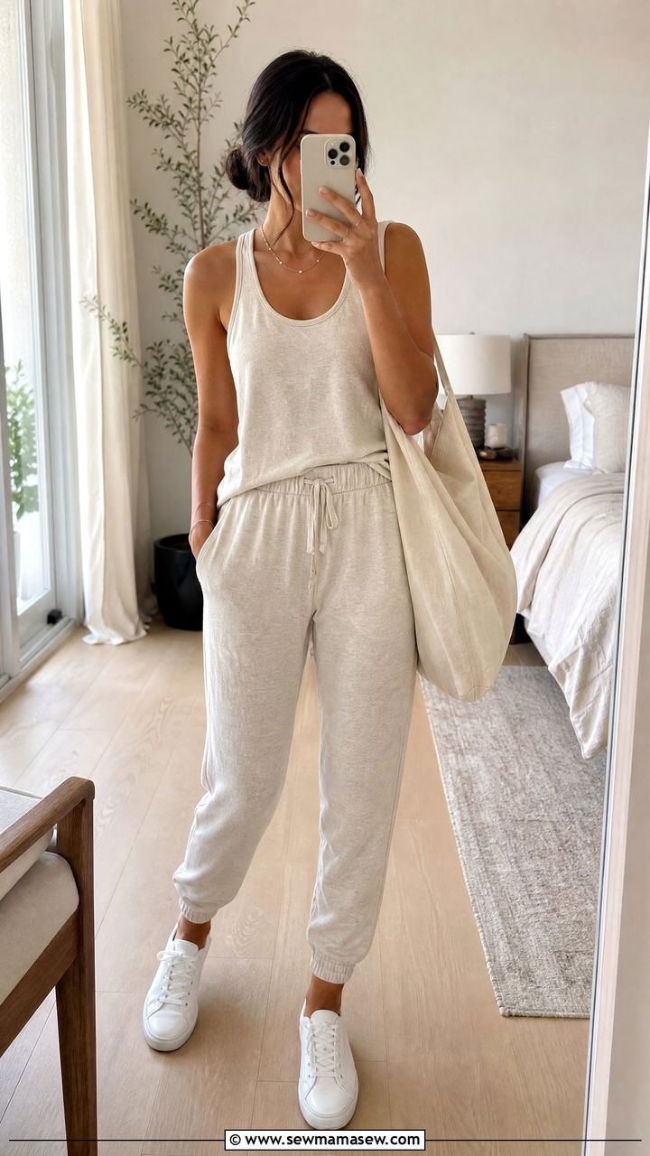 Linen joggers with a relaxed tank - 30 Muggy weather outfit ideas