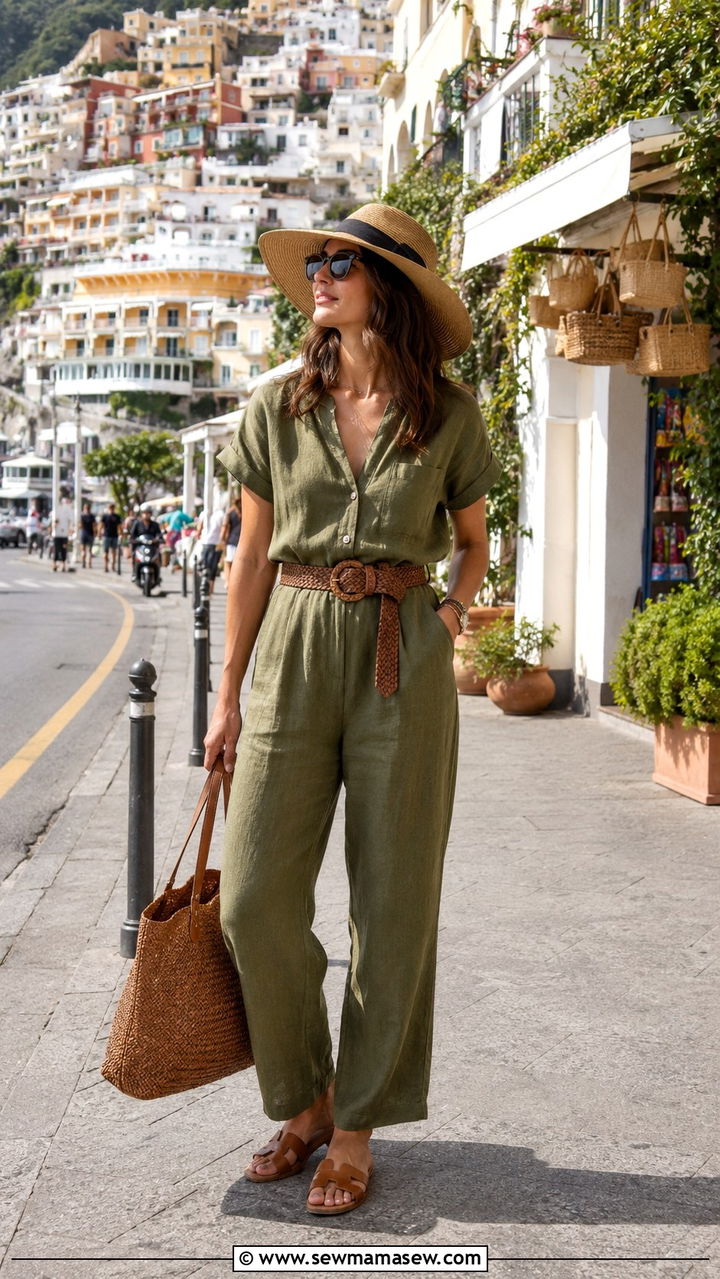 Linen jumpsuit with a woven belt and leather slides - 25 Positano outfit ideas