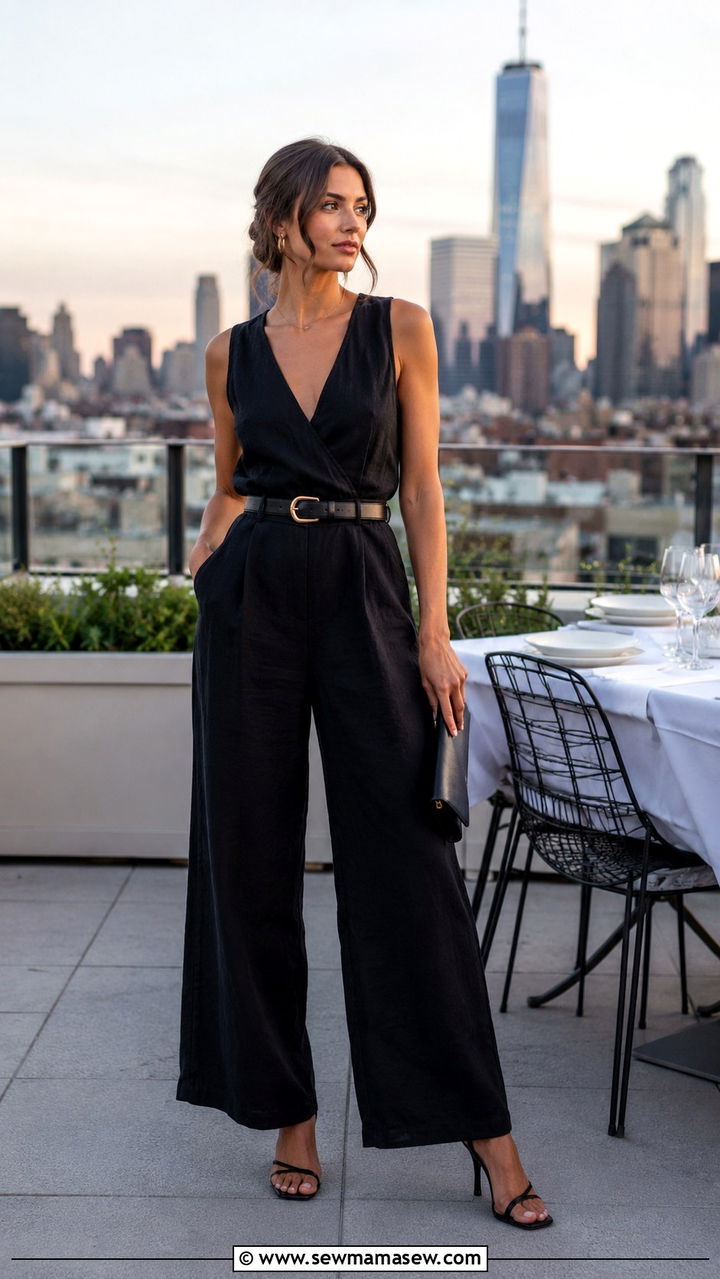 Linen jumpsuit with belt and heeled sandals outfit - 30 Hot day cool night outfit ideas