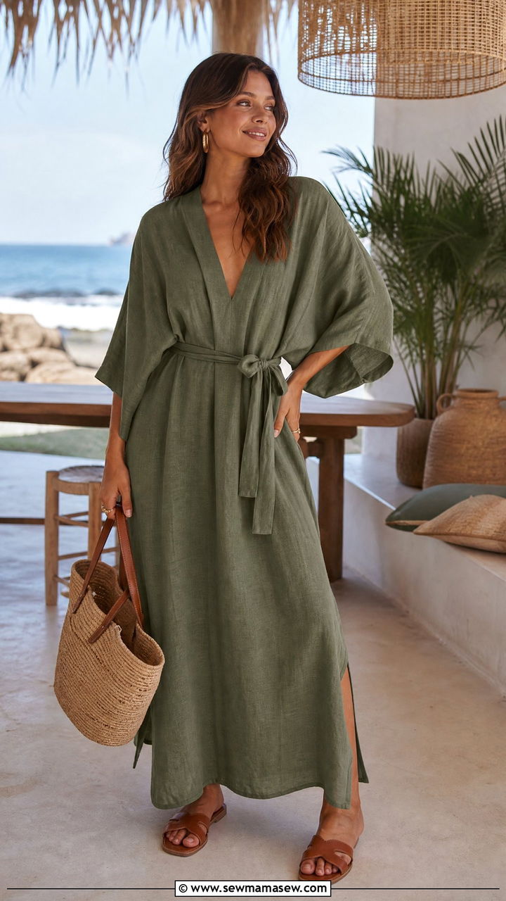 Linen kaftan dress with flat sandals - 30 summer office party outfit ideas