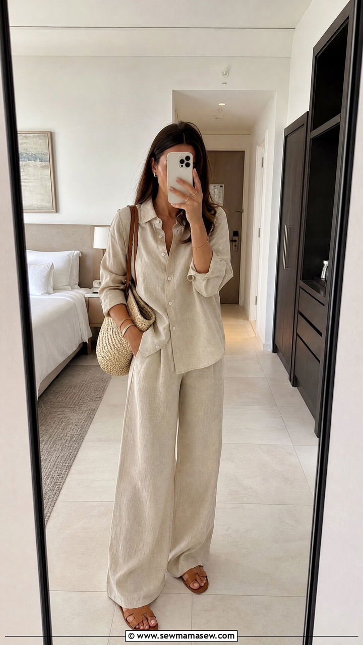 Linen matching set and flat sandals travel outfit - 25 French girl outfit ideas for travel