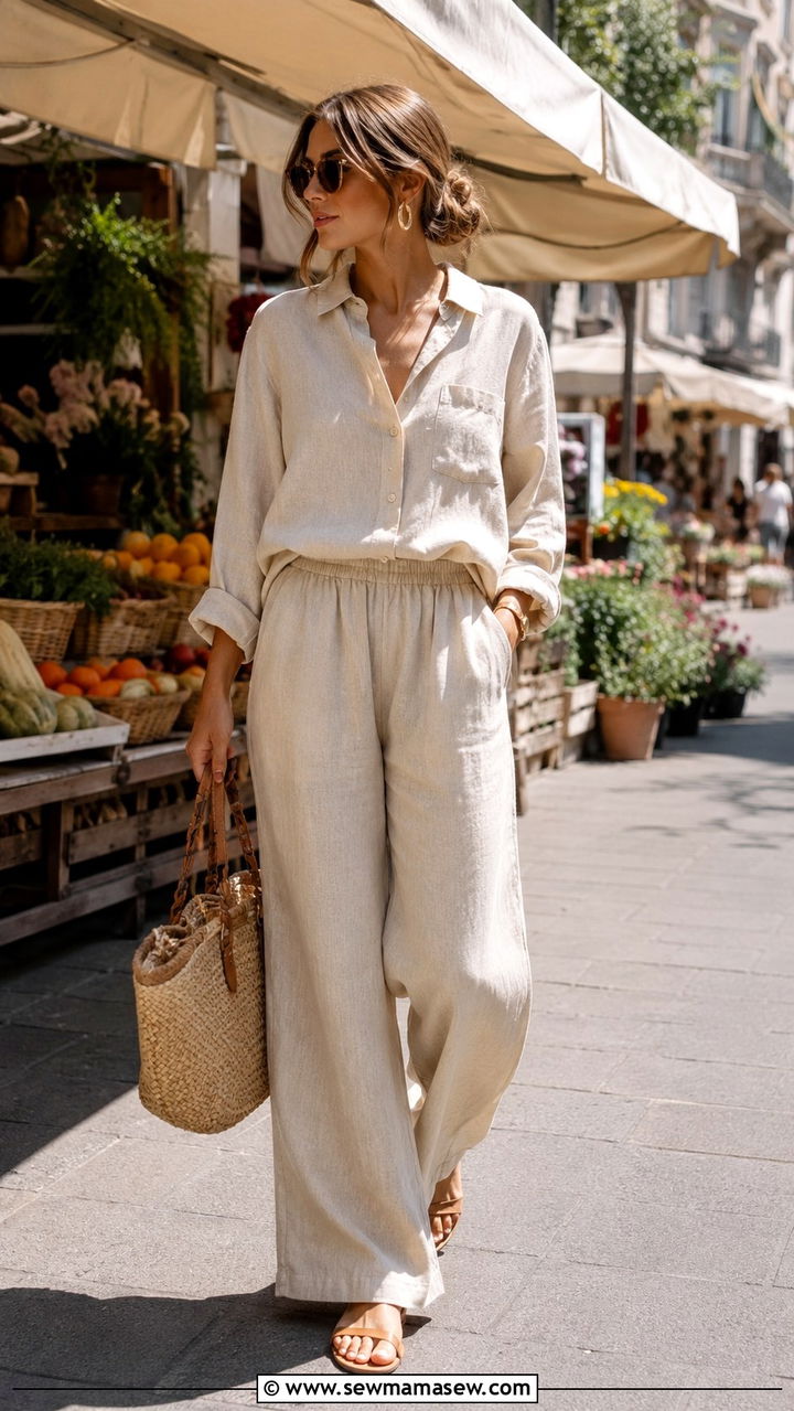 Linen matching set and flat sandals - 20 summer outfits 2026 women to copy