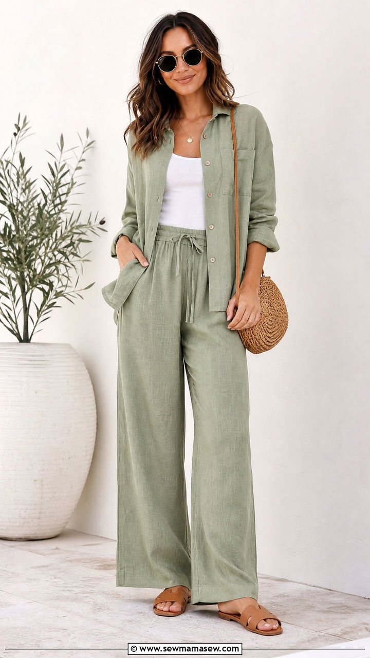 Linen matching set with button up and slide sandals - 25 How to style linen pants in summer