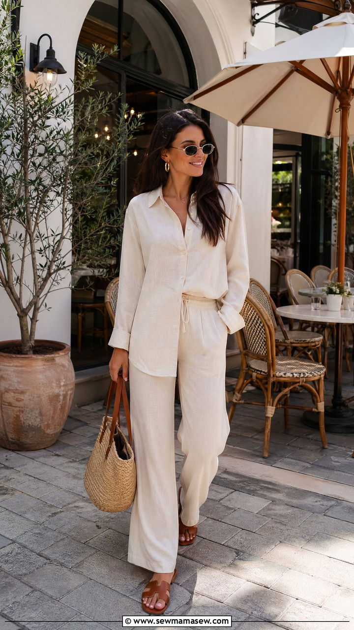 Linen matching set with slides and a woven tote - 35 Elevated brunch outfit ideas