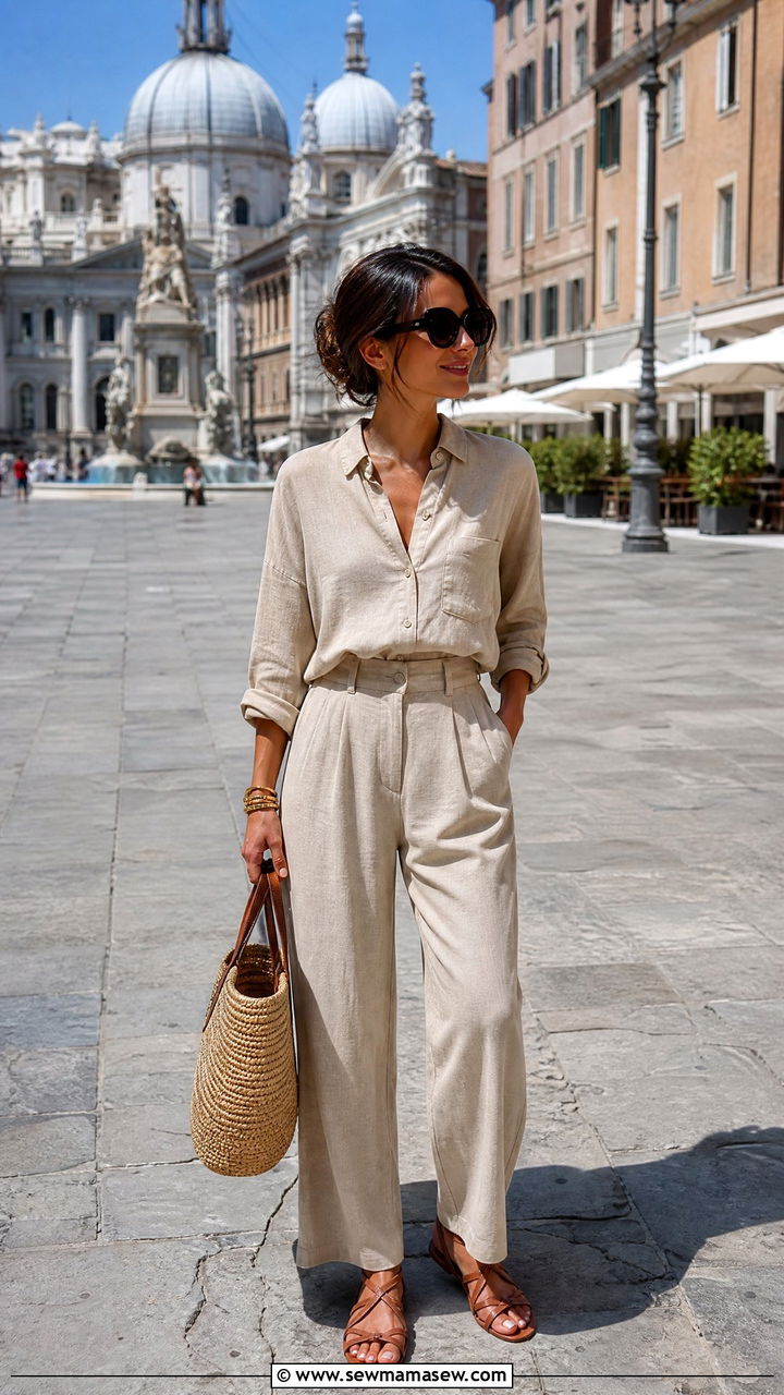 Linen matching set with strappy sandals - 30 cute Europe travel outfits