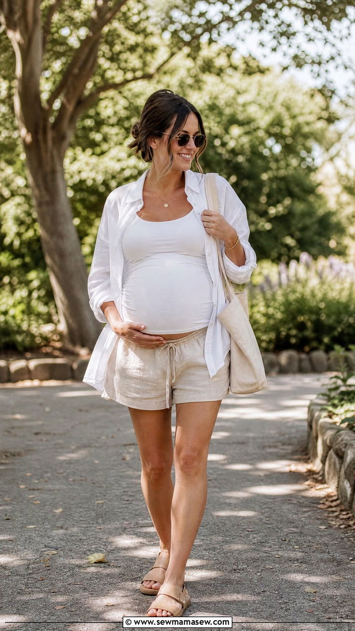 Linen maternity shorts and oversized button down - 20 Maternity outfit ideas 2026