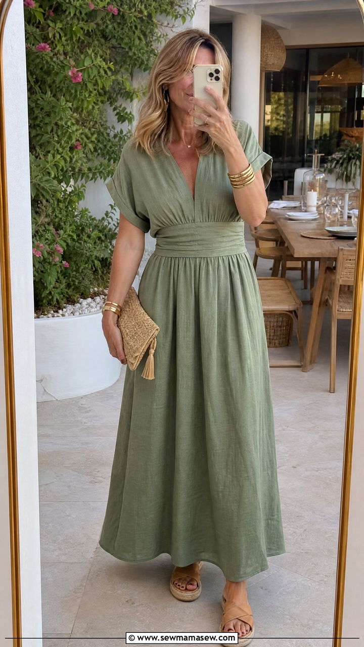 Linen maxi dress and espadrille sandals - 30 Summer capsule wardrobe over 40