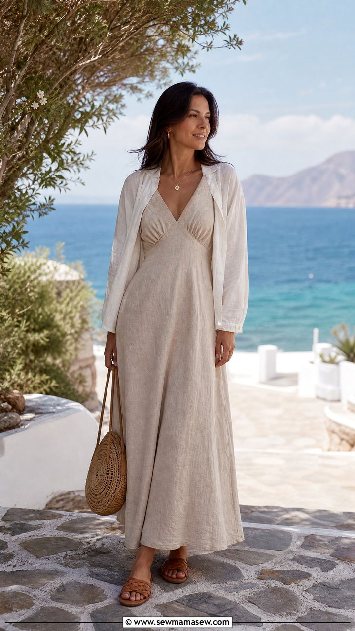 Linen maxi dress with cotton cardigan - 30 Maxi dress outfit ideas with a cardigan