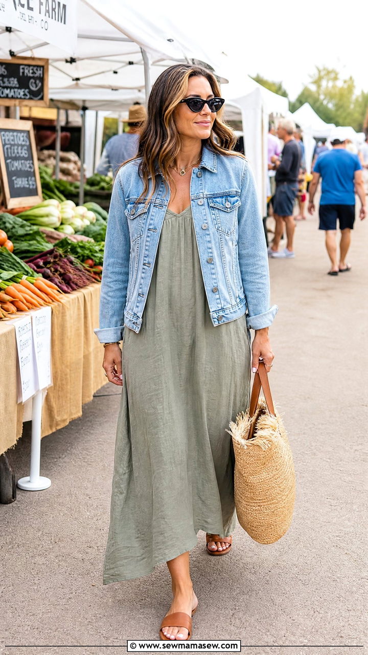 Linen maxi dress with denim jacket outfit - 30 Maxi dress outfit ideas with a denim jacket
