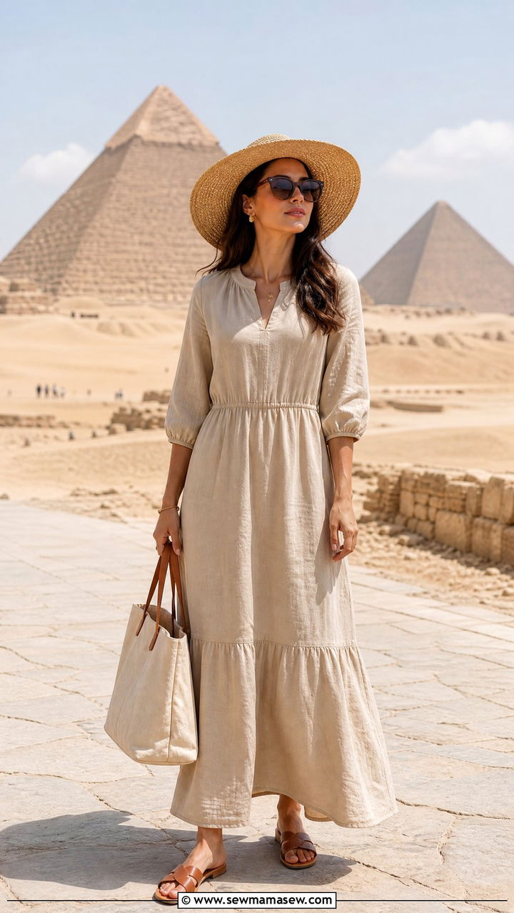 Linen maxi dress with flat sandals Egypt - 30 Egypt vacation outfit ideas modest