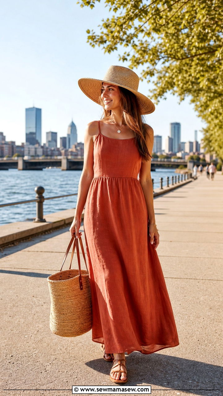 Linen maxi dress with flat sandals and straw tote - 40 What to wear in Boston
