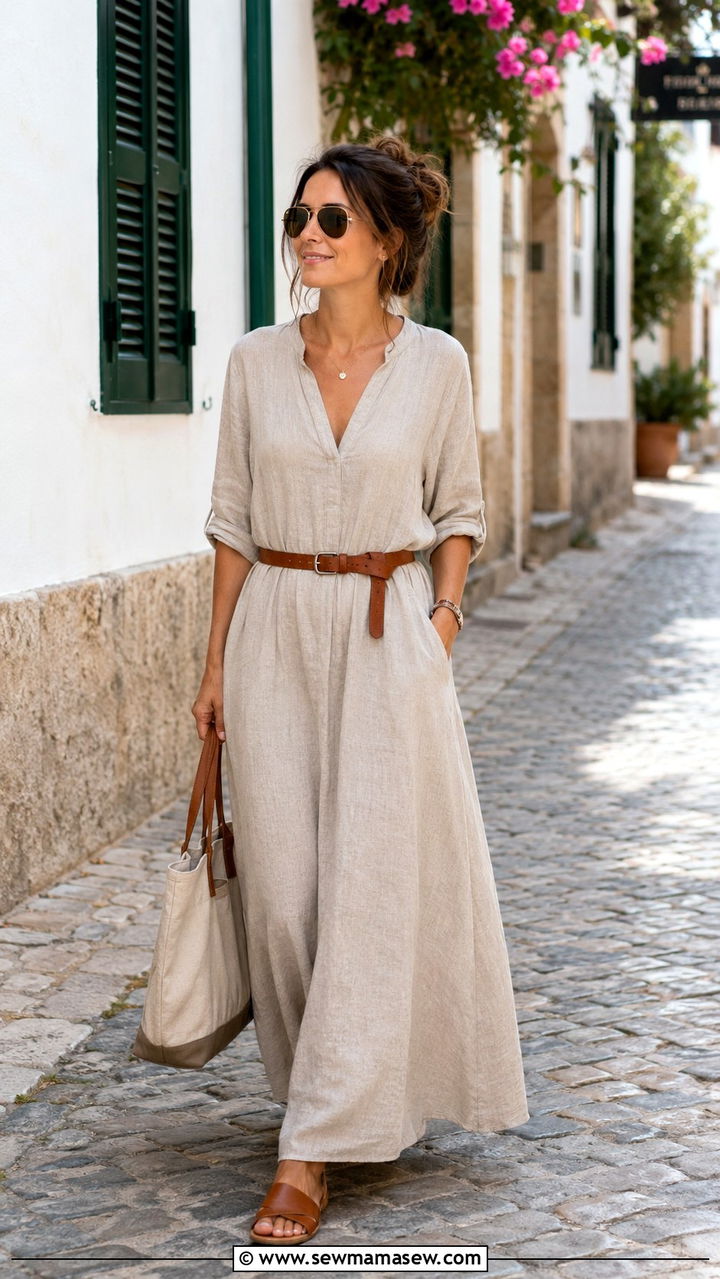Linen maxi dress with leather sandals outfit - 30 Maxi dress with sandals outfit ideas