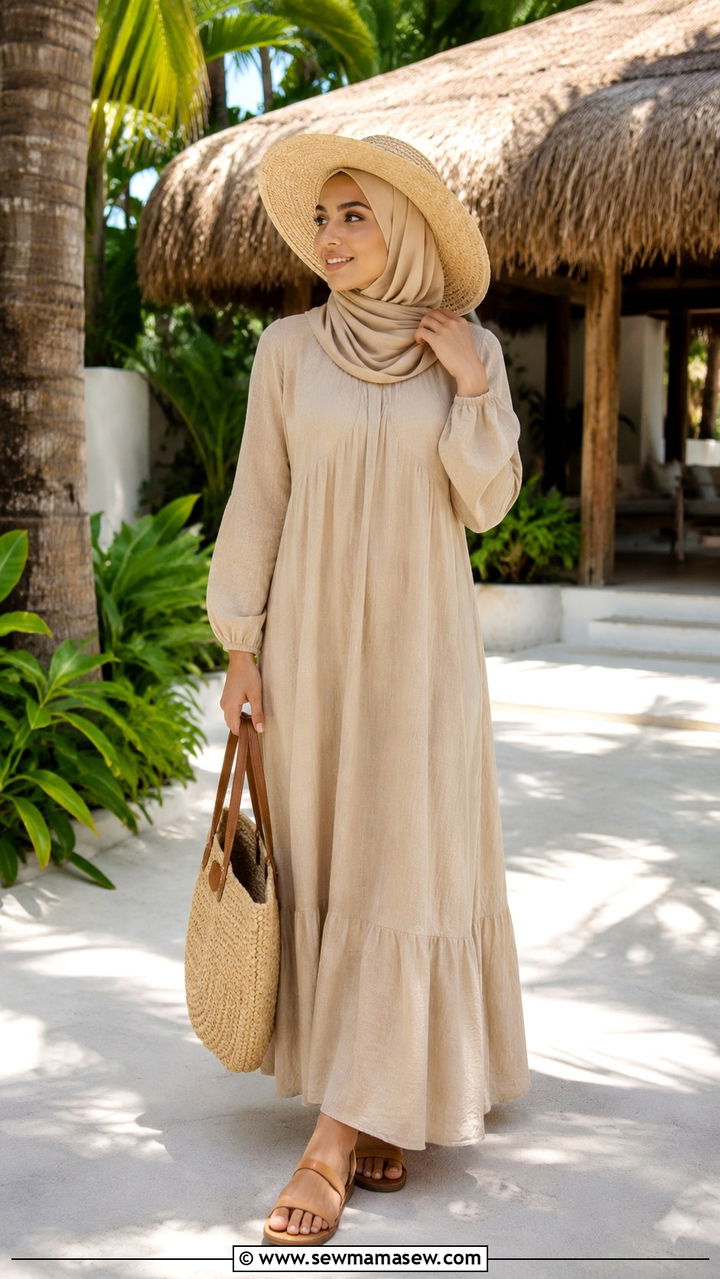 Linen maxi dress with straw hat - 25 Vacation outfit ideas Muslim women