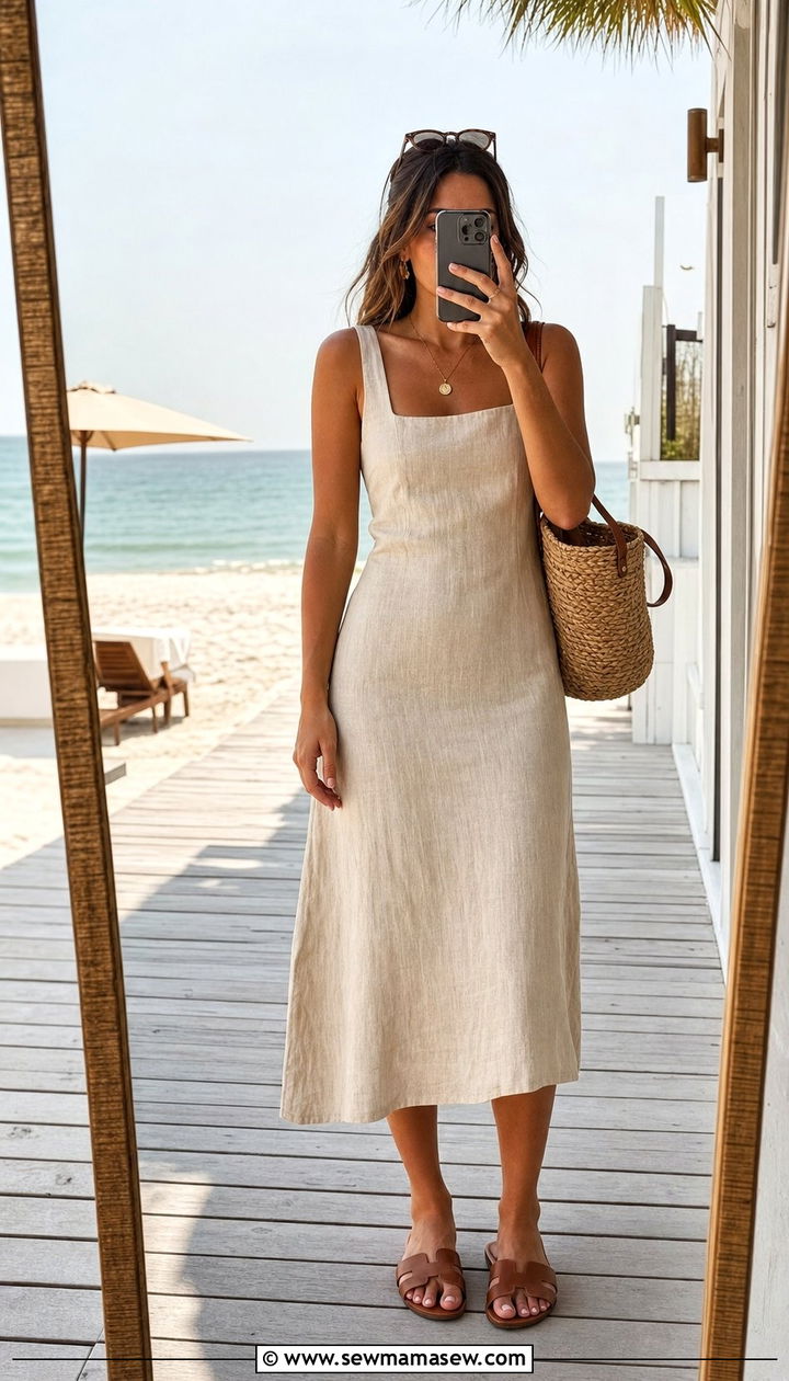 Linen midi dress outfit for coastal vacation - 25 Coastal grandmother travel outfits