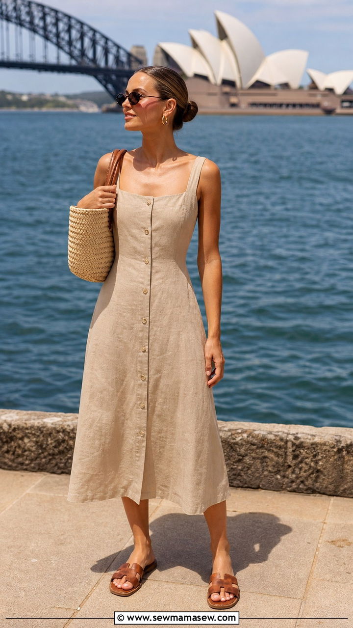 Linen midi dress with flat sandals - 40 What to wear in Sydney