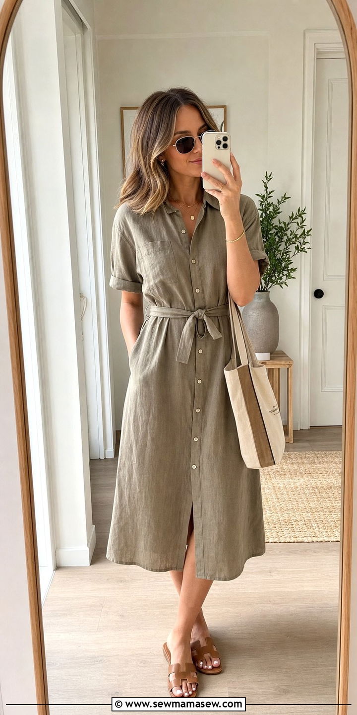 Linen midi shirtdress with flat sandals - 25 Empty nester outfit ideas