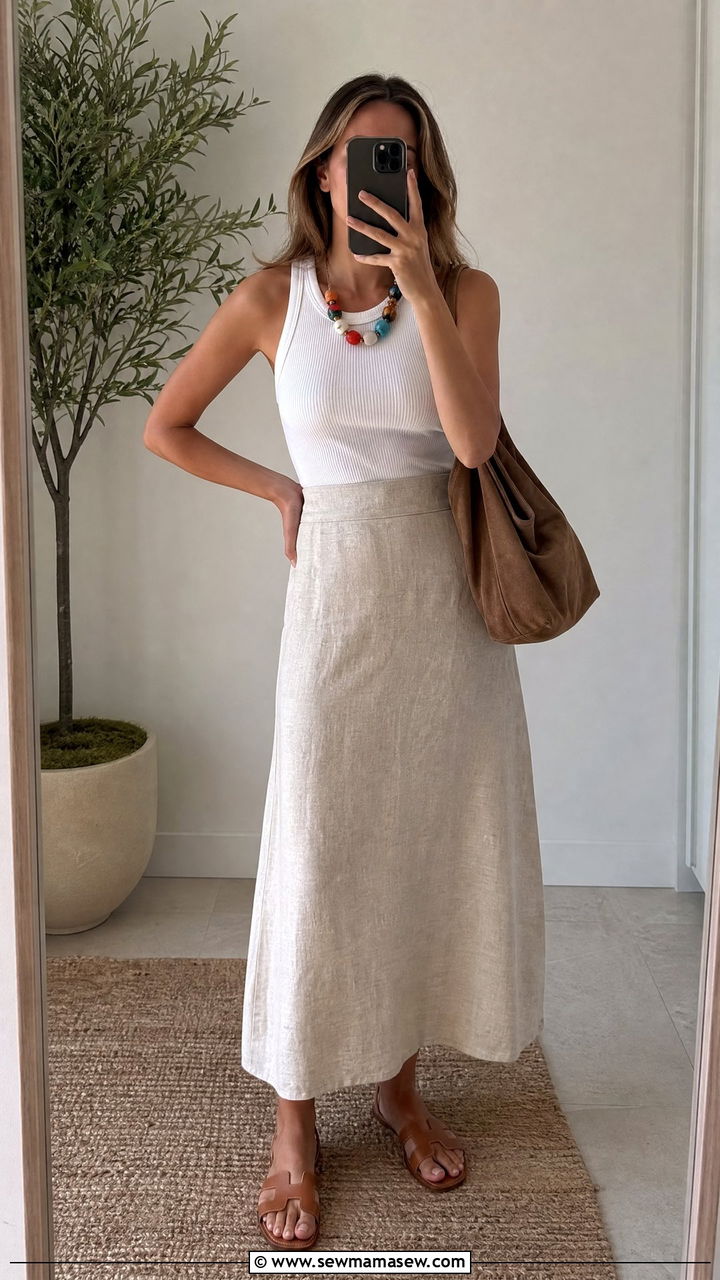 Linen midi skirt and fitted tank with statement necklace - 20 Summer wardrobe essentials 2026