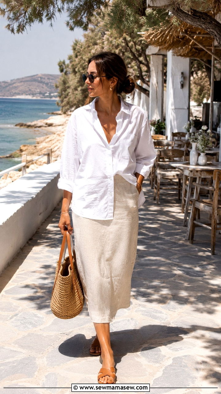 Linen midi skirt and oversized white shirt with flat sandals - 30 How to style a midi skirt in spring