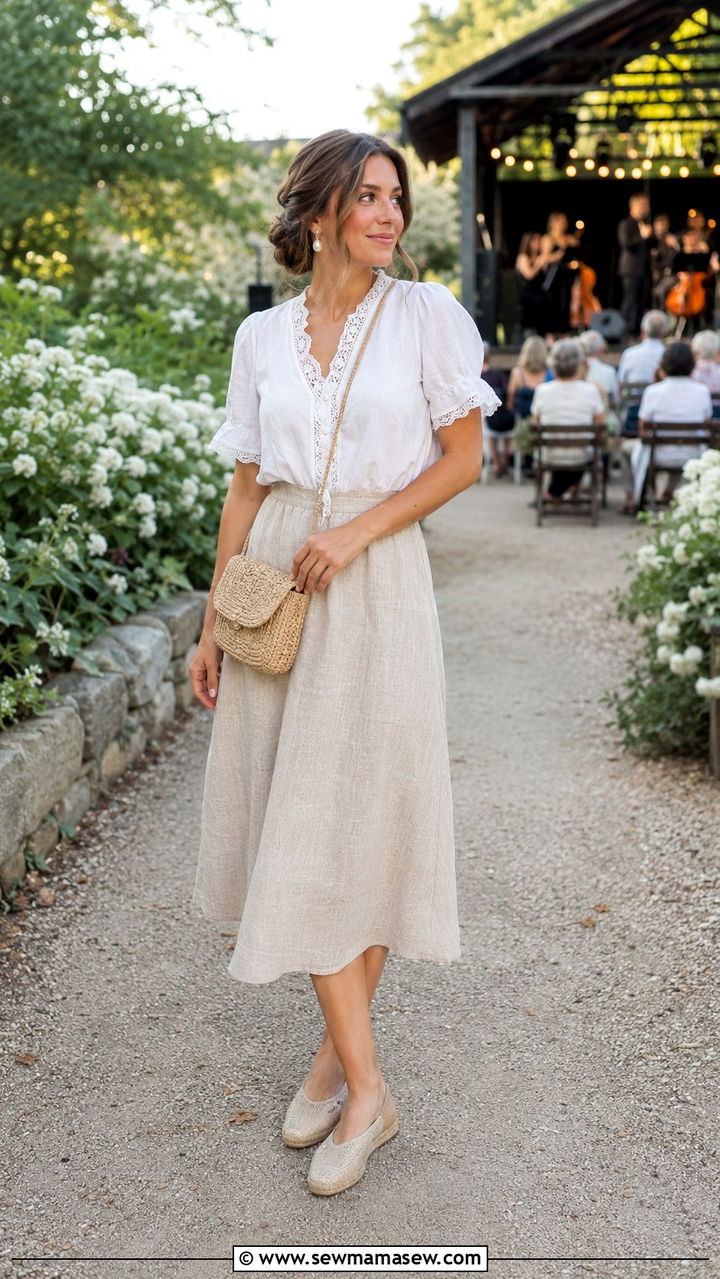 Linen midi skirt with cotton blouse and espadrilles - 30 modest summer concert outfit ideas