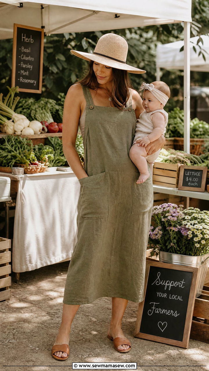 Linen overall dress and sandals - 30 Summer outfit ideas for new mom