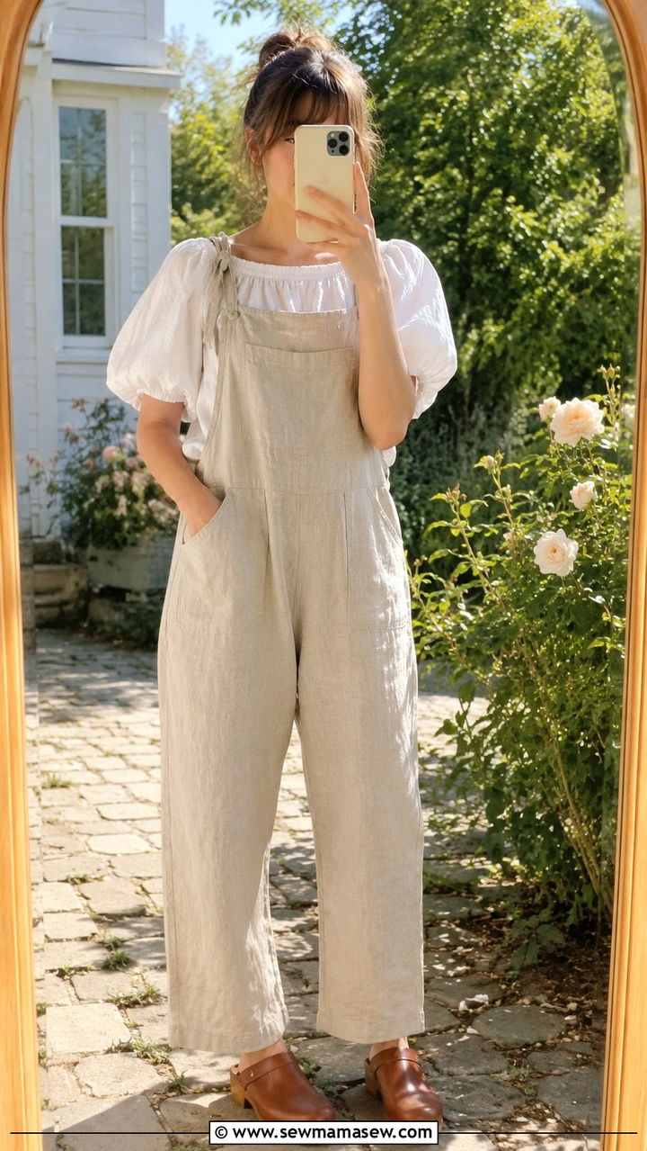 Linen overalls and puff sleeve blouse - 30 spring cottagecore outfit ideas