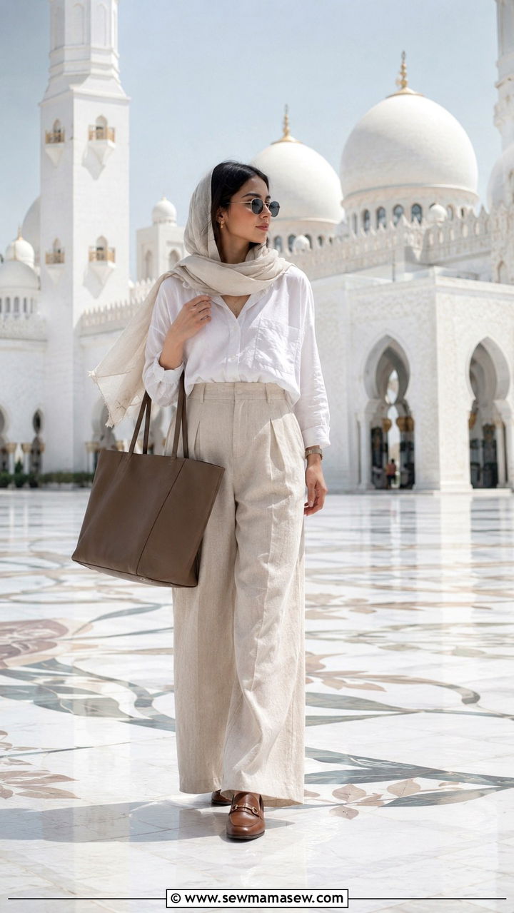 Linen palazzo pants with oversized button down and scarf - 20 Modest outfit ideas for mosque visit
