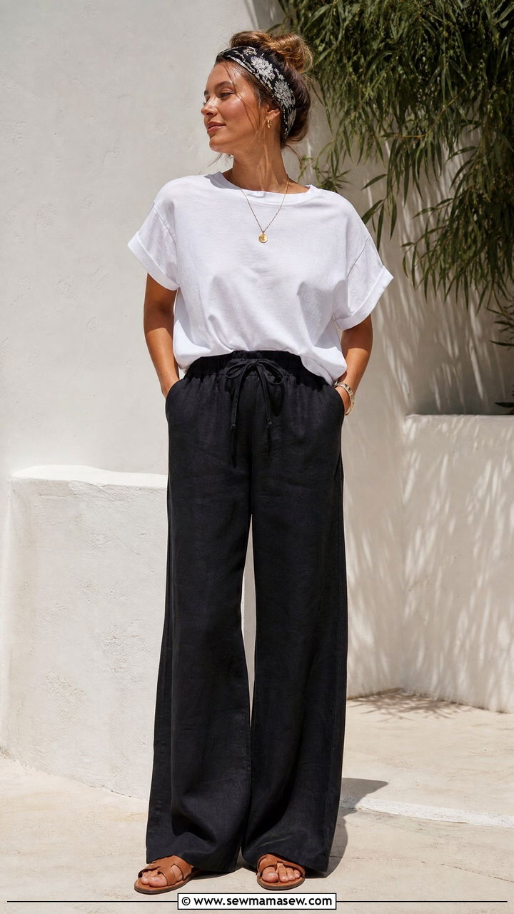 Linen pants and relaxed tee outfit for makeup artists - 30 Makeup artist outfit ideas