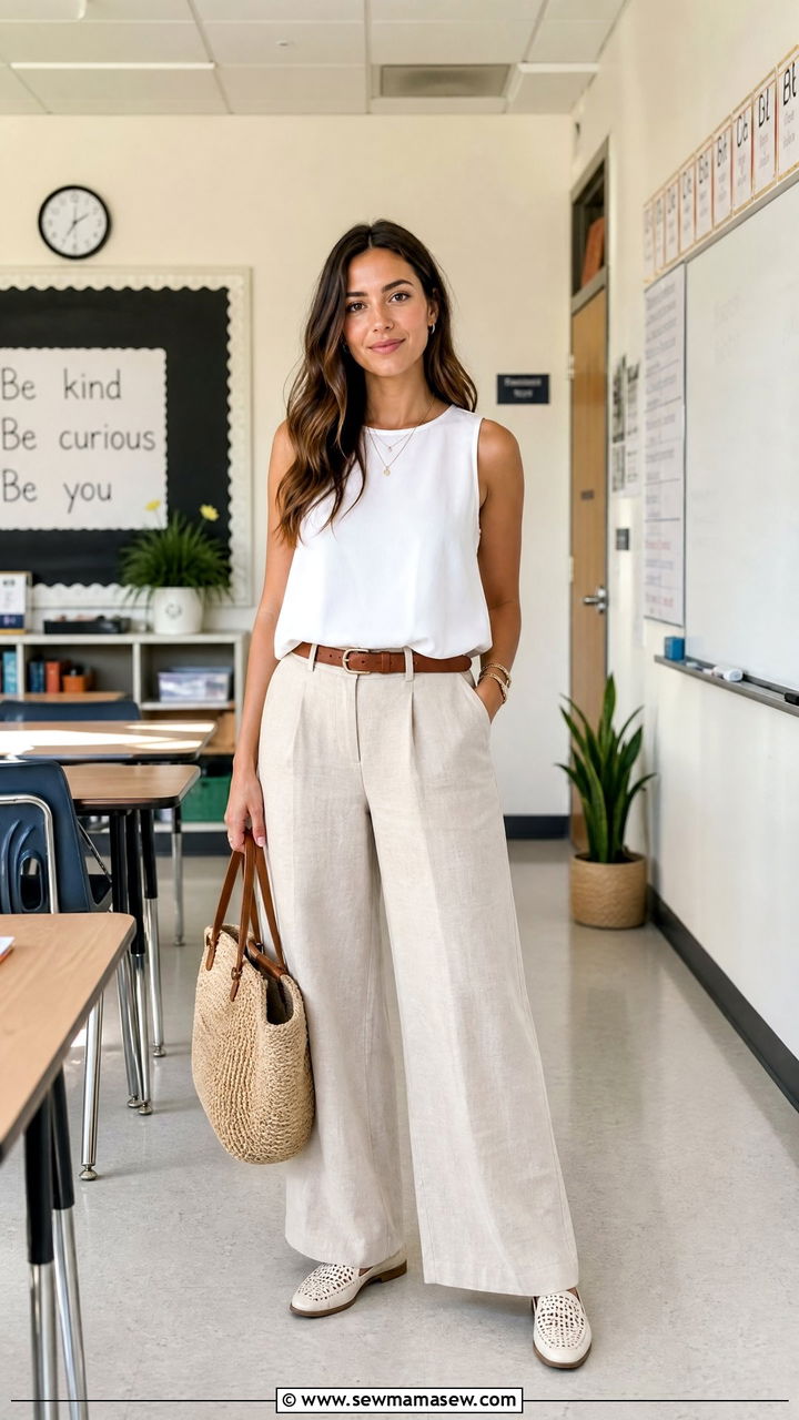 Linen pants and sleeveless top teacher outfit - 30 Elementary teacher outfit ideas