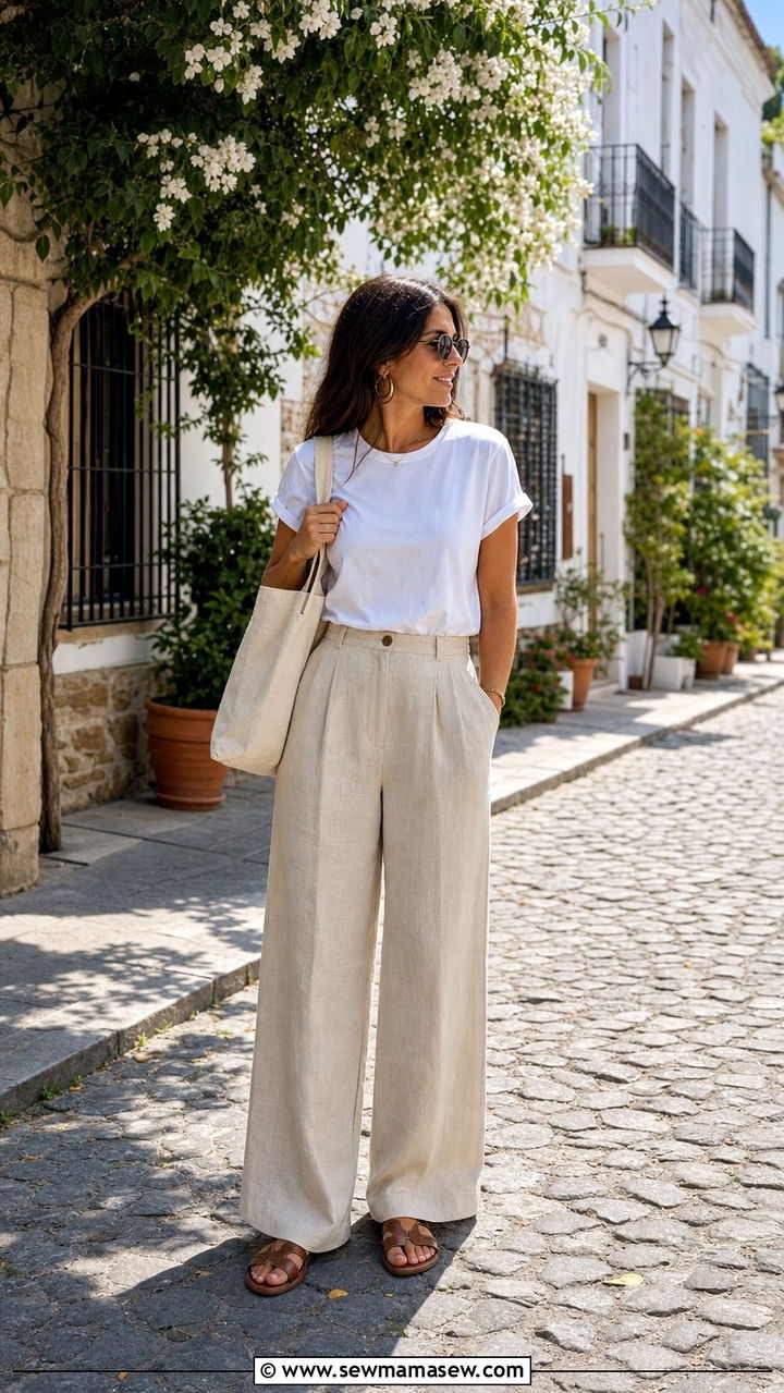 Linen pants and white tee outfit - 25 spring late spring outfit ideas