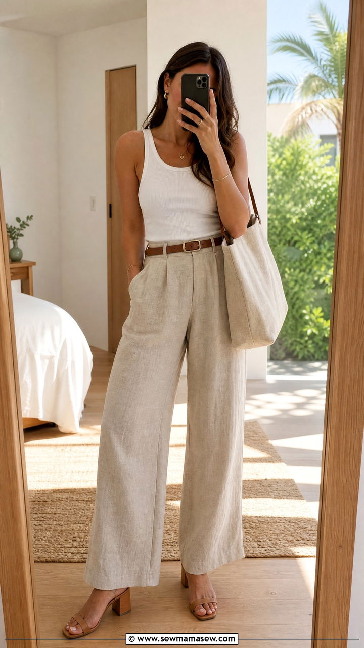 Linen pants outfit with block heels - 30 summer outfits with block heels
