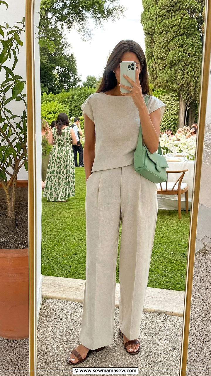 Linen pants outfit with mint green shoulder bag - 20 spring outfits with color pop bag